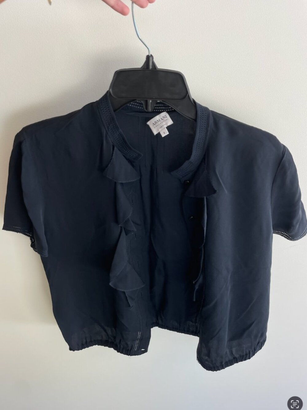 Armani Collezioni Navy Silk Ruffle Front Blouse Size 8